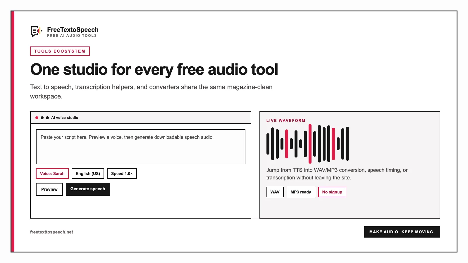 Homepage visual of the FreeTextoSpeech tools ecosystem with studio controls and waveform output